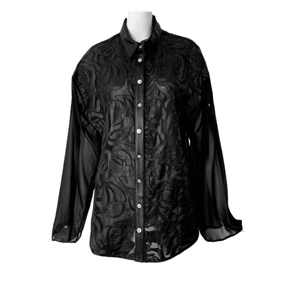 Versace - Black Silk Cut-Out Leather Appliqué Shirt - IT 42